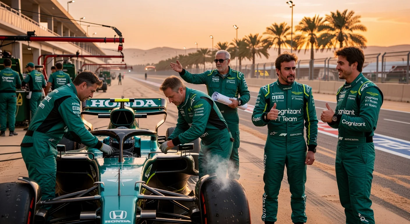 Aston Martin F1 pit crew troubleshoots car issues at Bahrain test while drivers Alonso and Stroll remain optimistic amid new leadership from Adrian Newey.