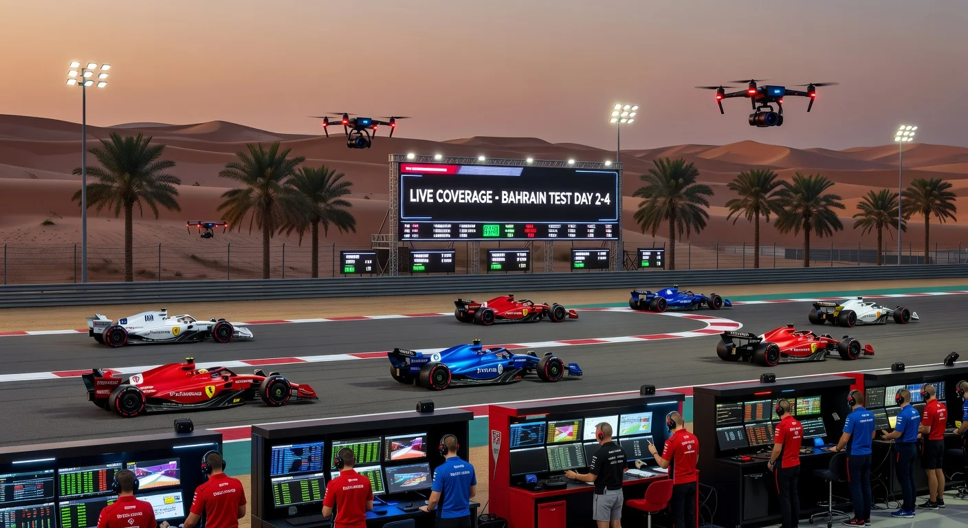 Dynamic photorealistic scene of F1 cars testing at Bahrain circuit with live broadcast elements, illustrating full coverage announcement.