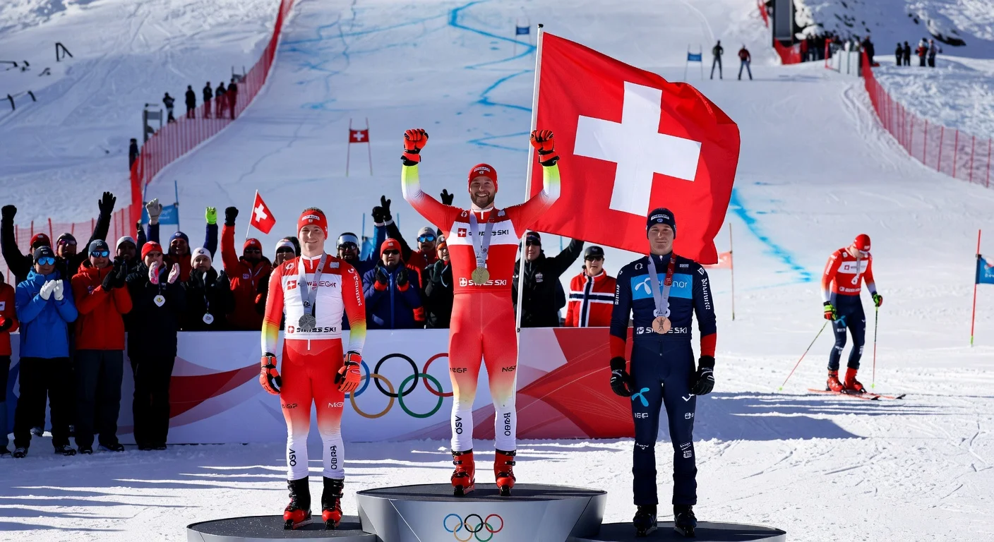 Loic Meillard of Switzerland celebrates slalom gold on podium after Atle Lie McGrath's disqualification at 2026 Winter Olympics.