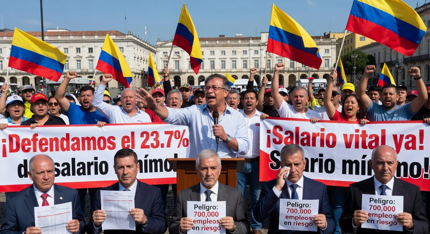 President Petro addresses a lively rally supporting Colombia's 23.7% minimum wage increase, as business leaders warn of job losses amid government suspension.