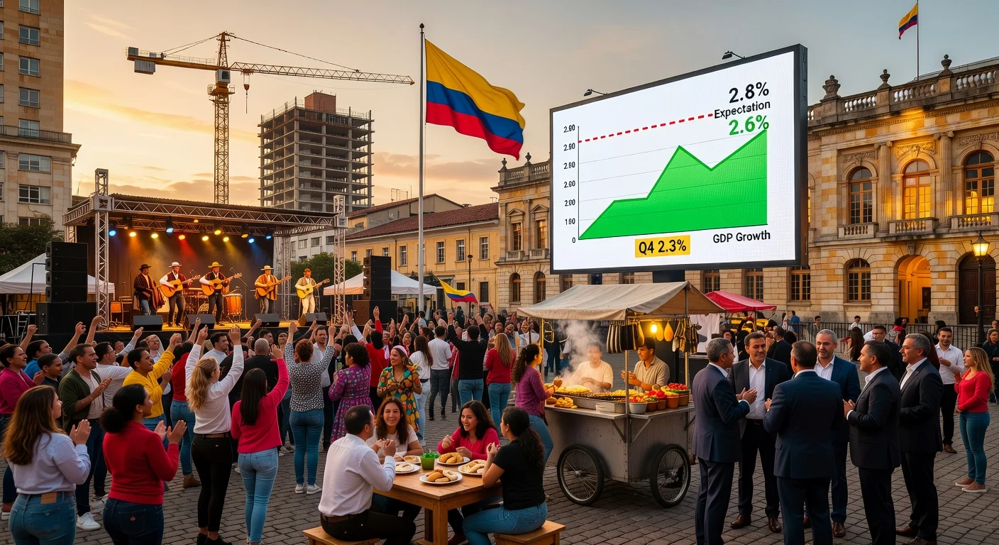 Realistic illustration of Colombia's 2025 GDP growth at 2.6%, featuring cultural events, consumption, and a growth chart below expectations amid declining investment.