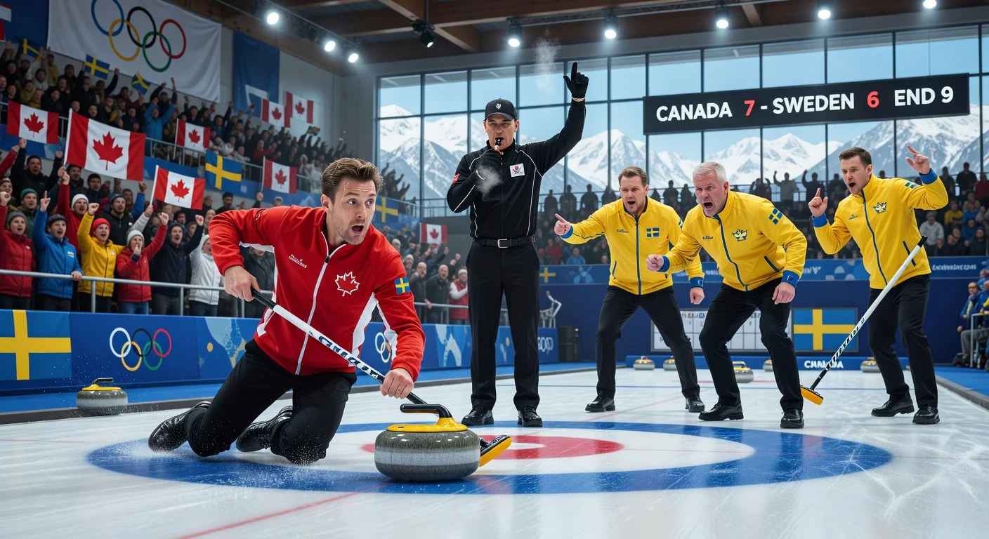 Dramatic scene of double-touching violation in Canada vs Sweden men's curling match at 2026 Winter Olympics, with referee calling foul amid protests.