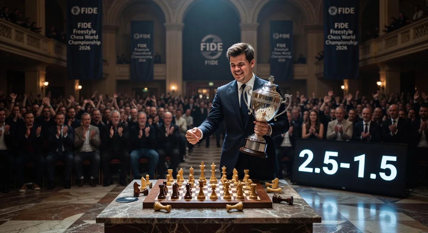 Magnus Carlsen celebrates winning the first FIDE Freestyle Chess World Championship by defeating Fabiano Caruana 2.5-1.5 in the final in Weissenhaus, Germany.