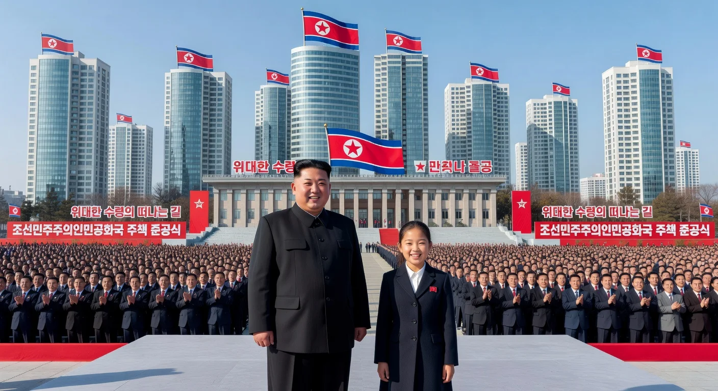 Kim Jong-un and daughter Ju-ae inaugurate Pyongyang's new 50,000-unit housing project amid cheering crowds.
