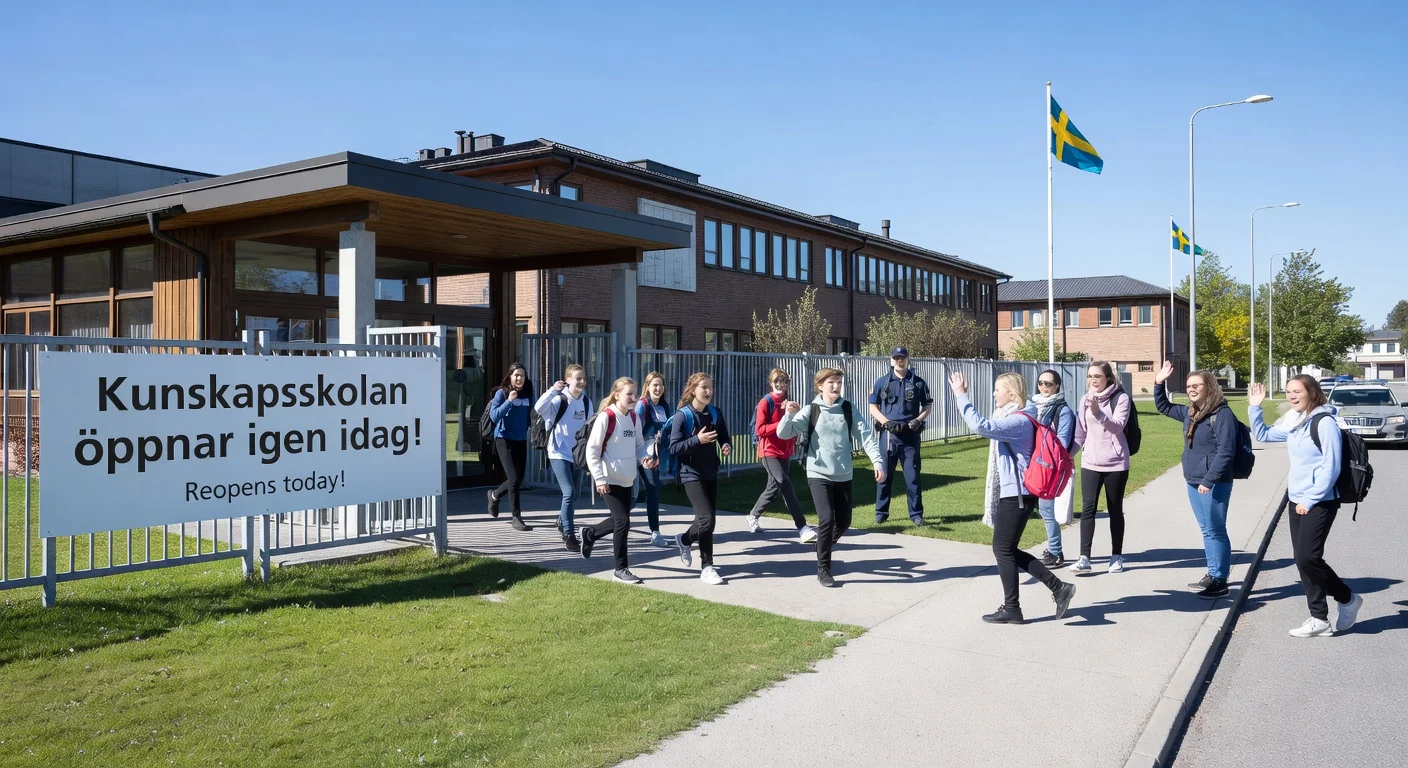 Kunskapsskolan school reopens Friday after police deem threat email unserious, students entering happily.