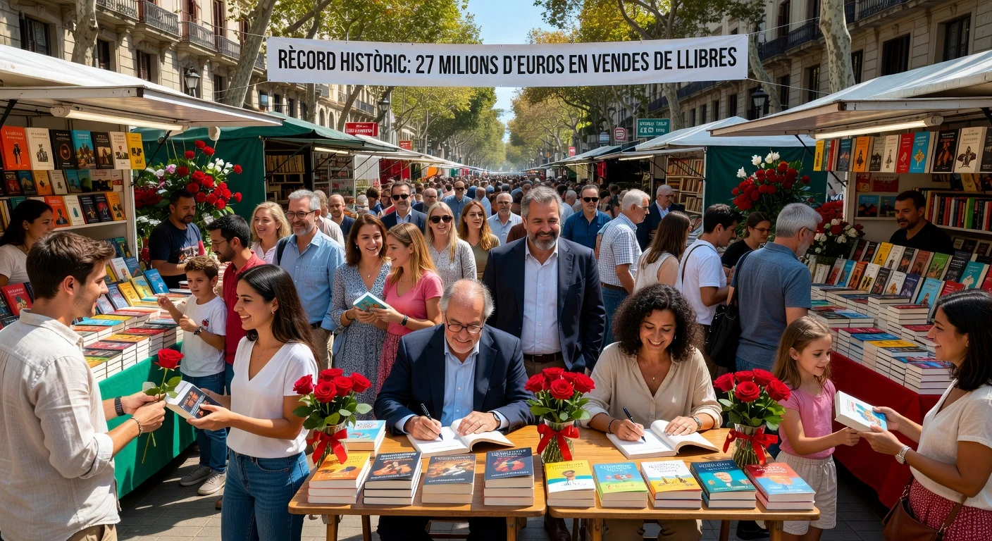 Bustling street scene of Sant Jordi Day in Barcelona with book signings, rose stalls, long queues, and joyful crowds amid record sales.