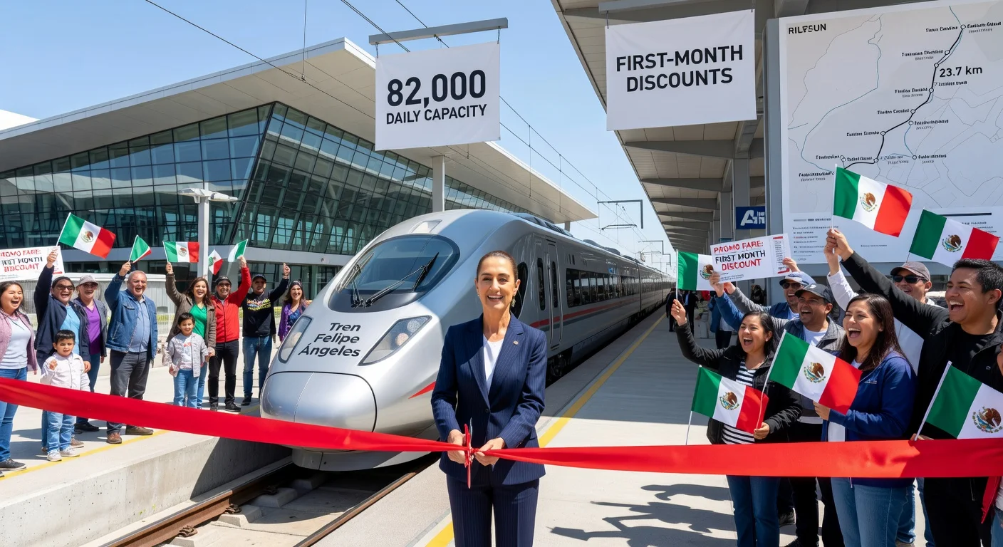 President Claudia Sheinbaum inaugurates Tren Felipe Ángeles train to AIFA airport amid cheering crowds and modern train.