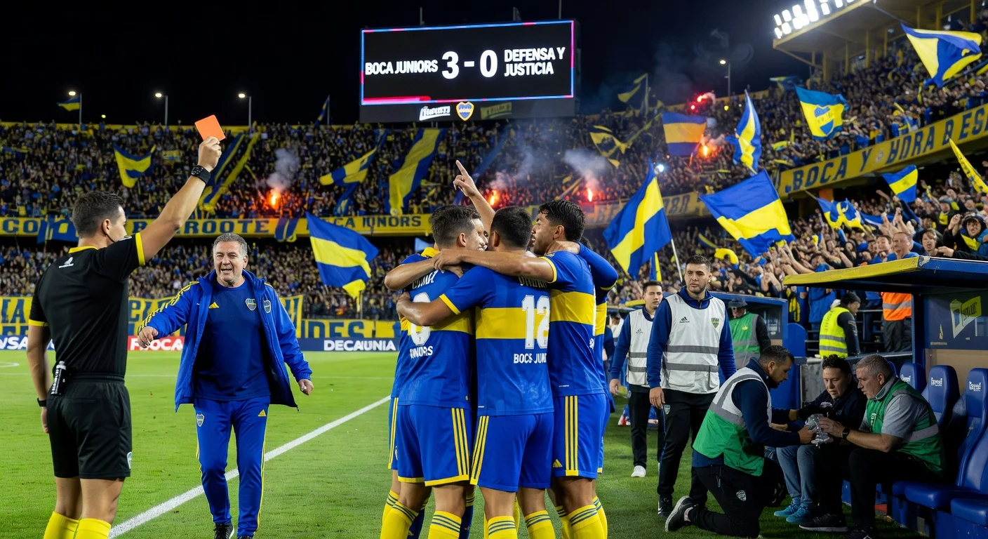 Boca Juniors celebrates 3-0 win over Defensa y Justicia, with coach ejection and fan incident in Argentine soccer match.