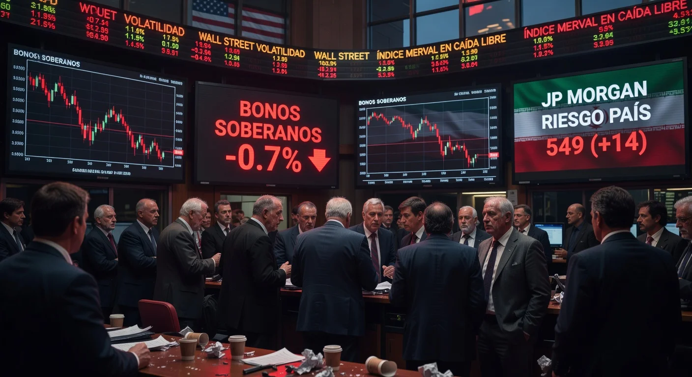 Illustration depicting worried traders on Argentina's stock exchange amid rising country risk and global market volatility.