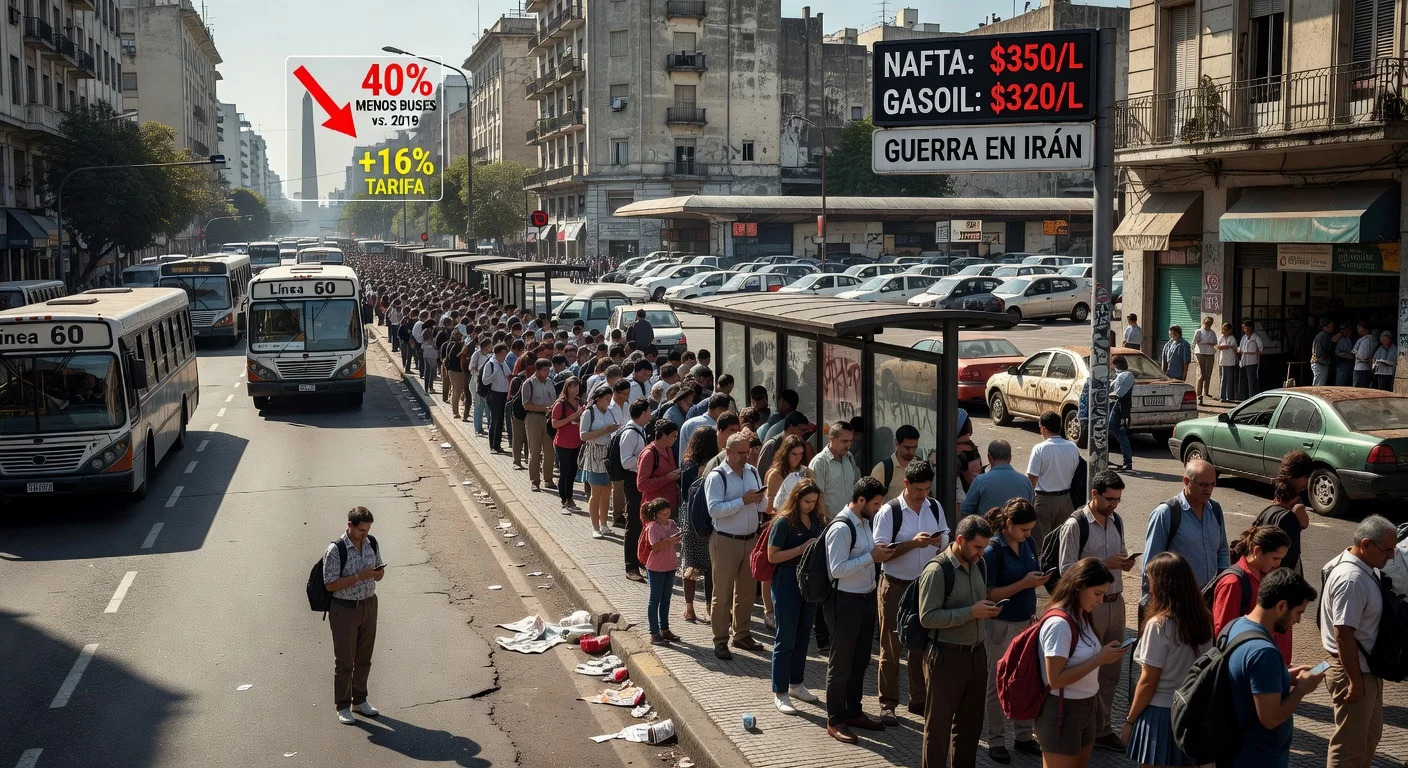 Crowded empty bus stops and sparse buses on Buenos Aires streets amid 40% service drop from fuel crisis.