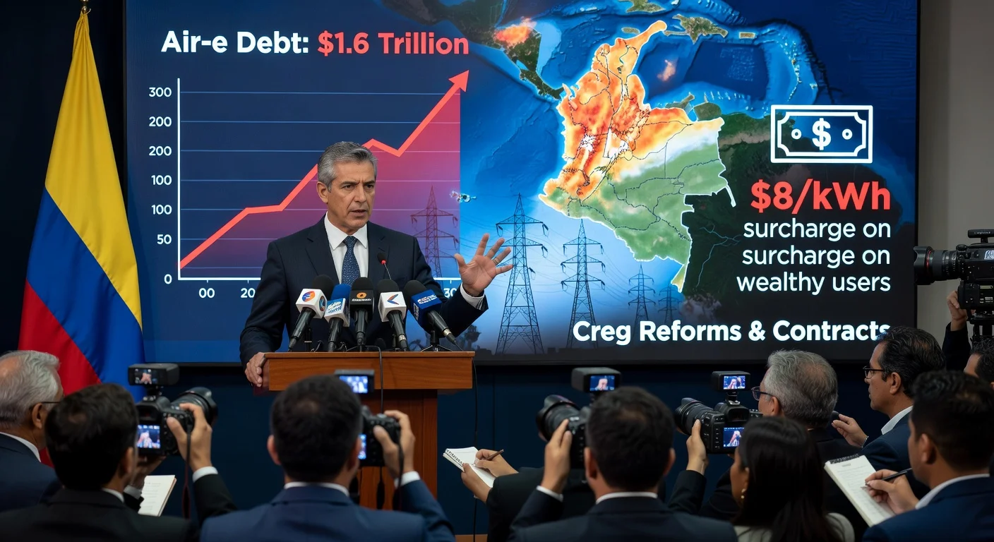 Colombian Energy Minister Edwin Palma announces Air-e financial crisis measures and El Niño preparations at a press conference.