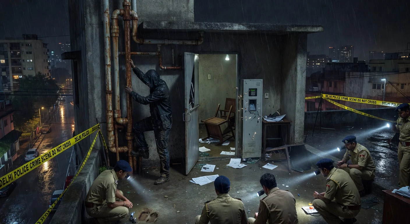 Dramatic illustration of intruder scaling pipes to rooftop entry in Delhi rape-murder case, police at crime scene.