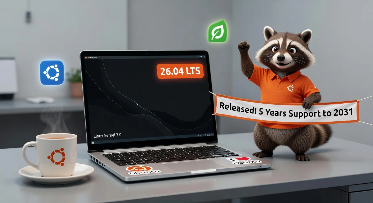 Illustration of Ubuntu 26.04 LTS 'Resolute Raccoon' launch featuring laptop desktop with kernel 7.0, Wayland, and official flavors.