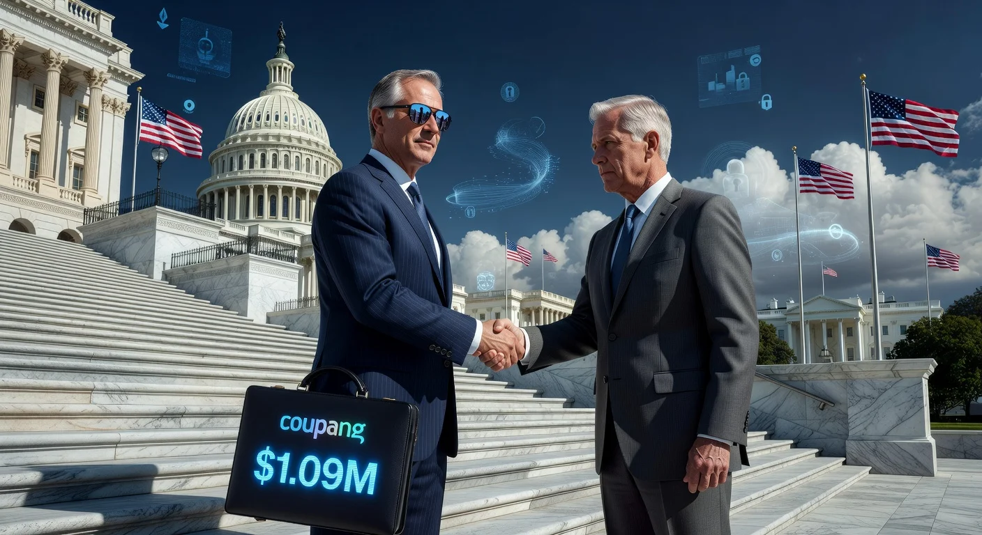 Illustration depicting Coupang's $1.09 million lobbying push targeting U.S. White House, VP, and Congress amid South Korean data leak scandal.