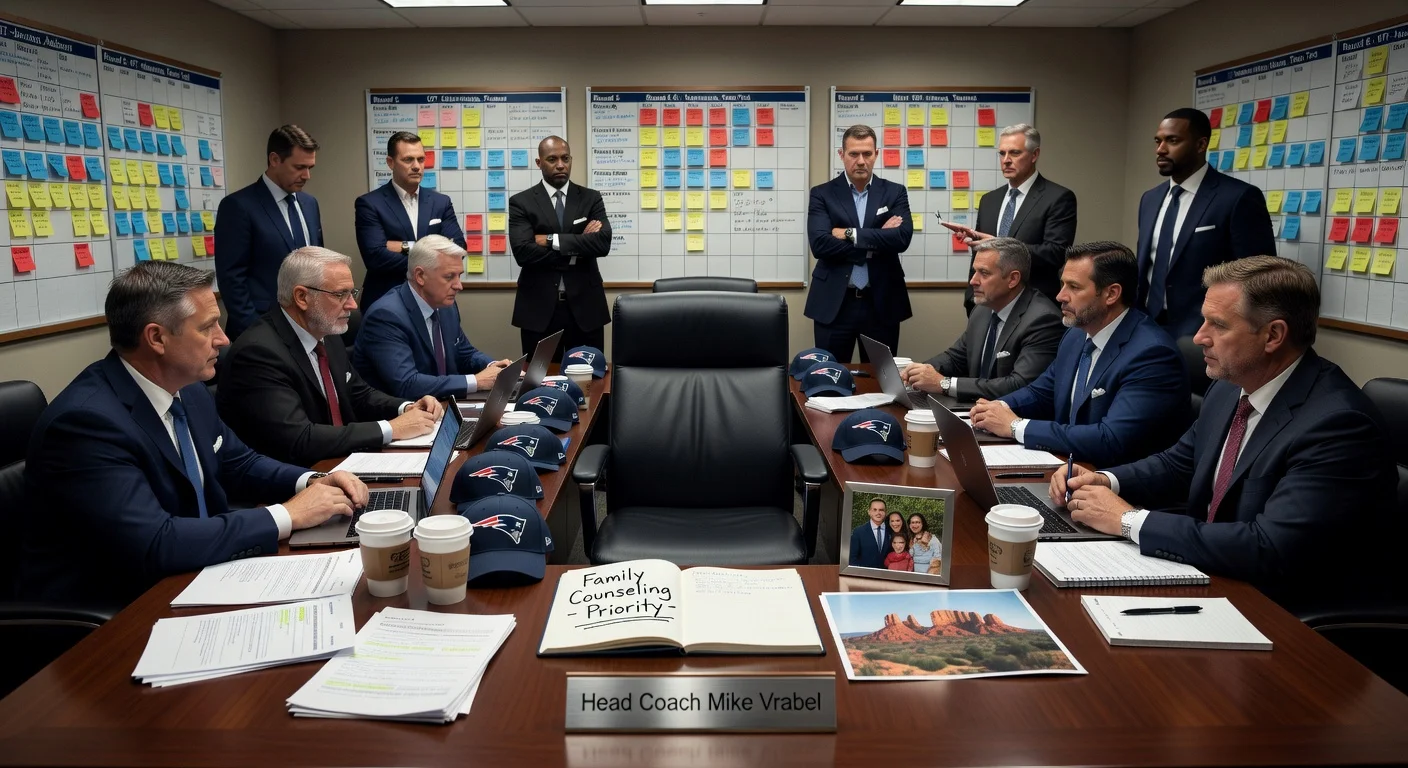 Illustration depicting Patriots coach Mike Vrabel's empty seat in the NFL draft war room as he attends family counseling amid Sedona photo controversy.