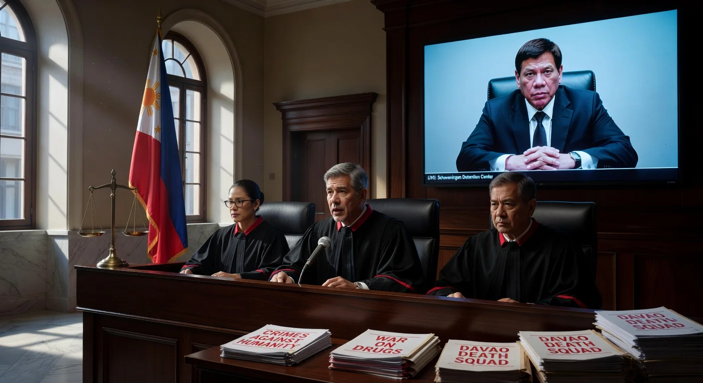 Realistic courtroom illustration of ICC judges confirming crimes against humanity charges against former Philippine President Rodrigo Duterte.