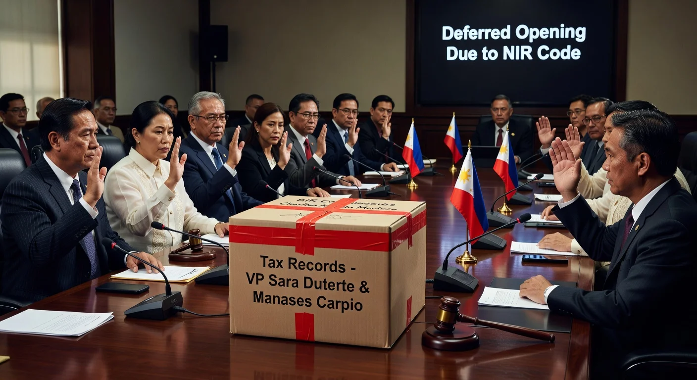 Illustration depicting House committee deferring the opening of a sealed box containing VP Sara Duterte's tax records.