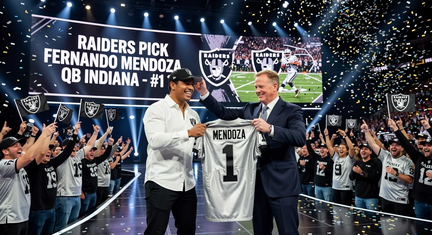 Raiders draft Indiana QB Fernando Mendoza No. 1 overall in 2026 NFL Draft stage moment.