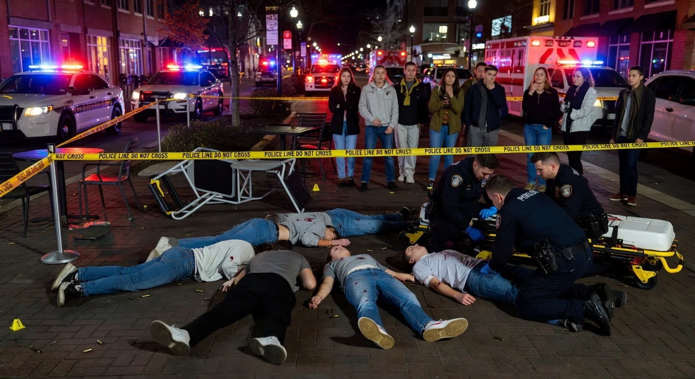 Police and paramedics respond to a shooting incident at Iowa City Pedestrian Mall, with crime scene tape and emergency lights.