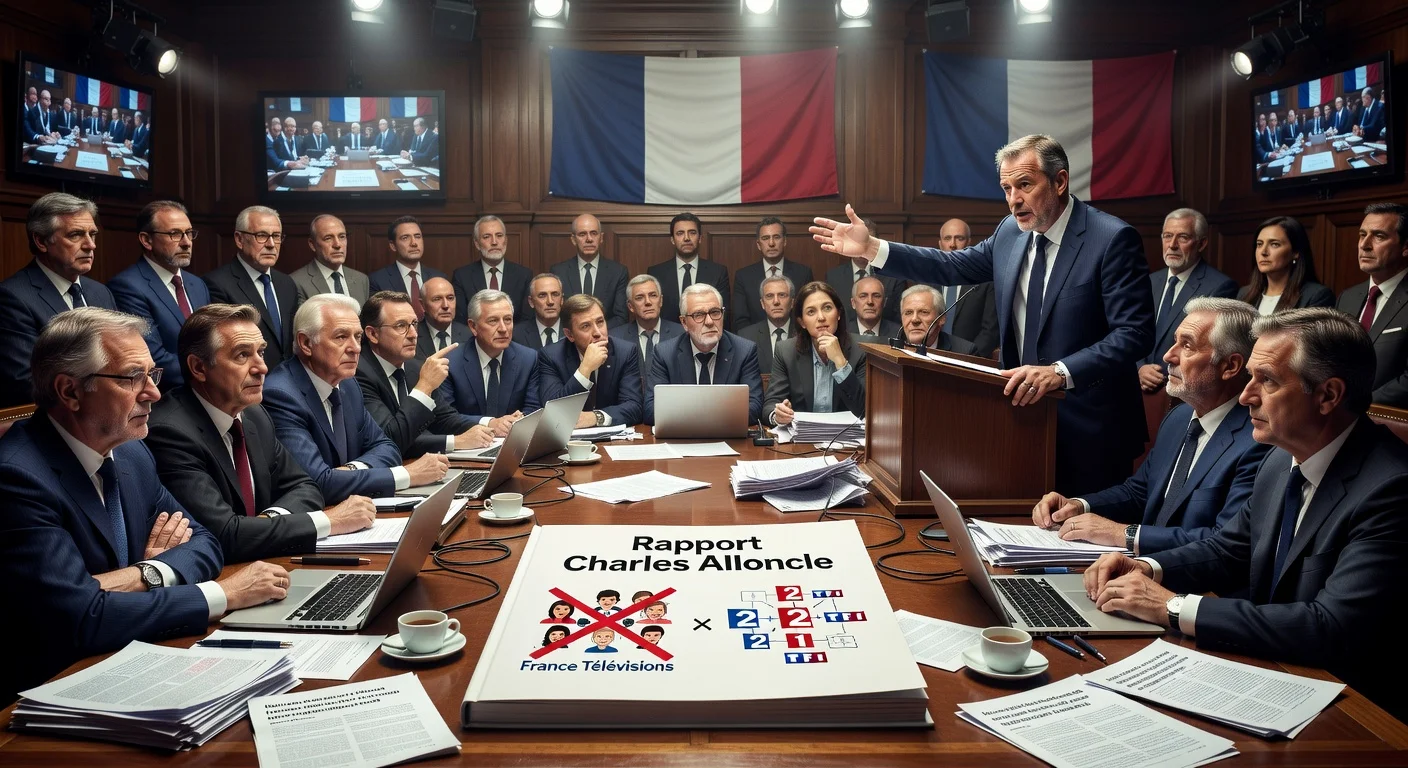 Tense French parliamentary commission meeting on public broadcasting report vote, with deputies debating controversial proposals.