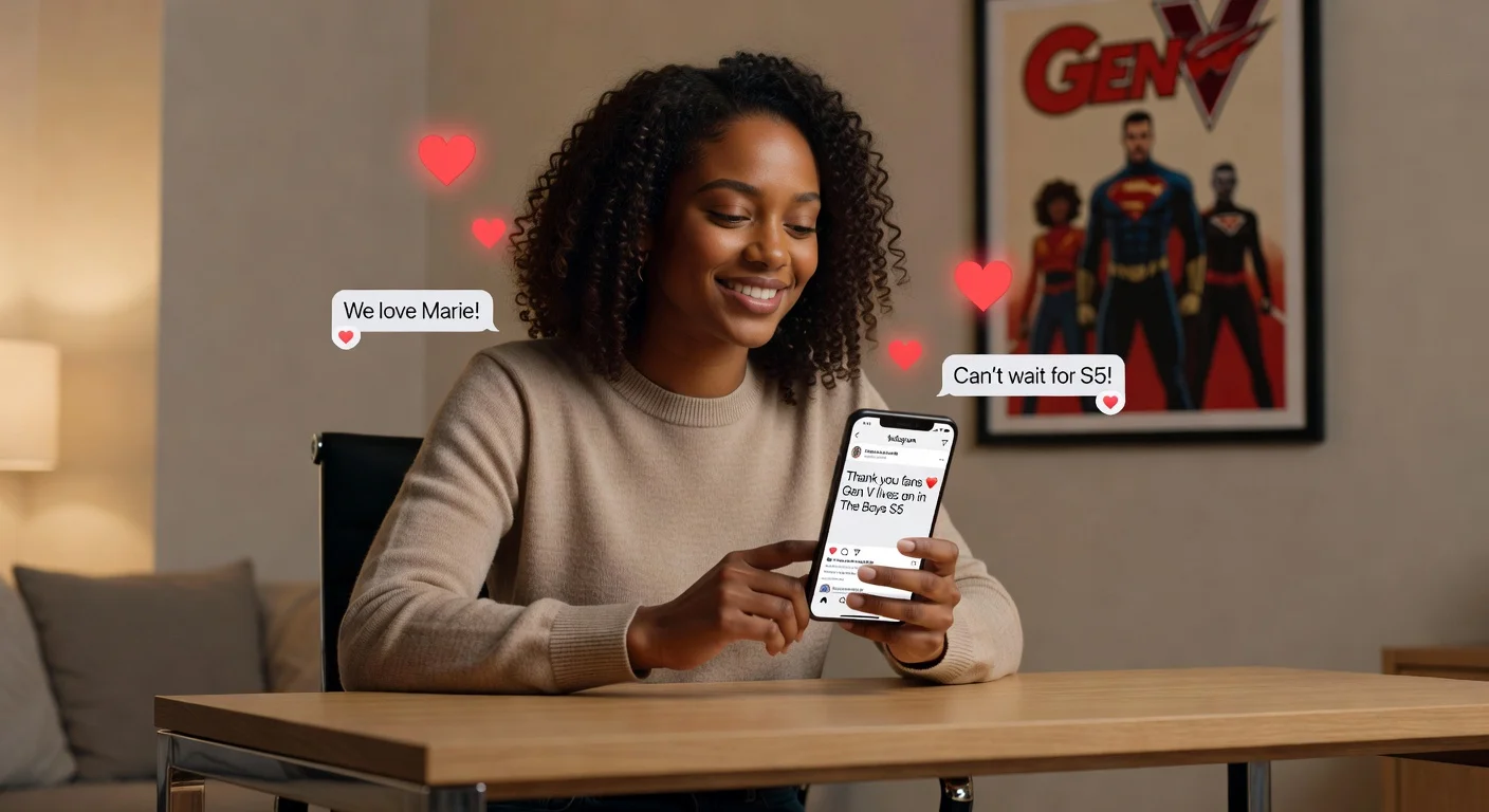 Jaz Sinclair smiling while posting a fan thank-you on Instagram after 'Gen V' cancellation, with show posters in background.