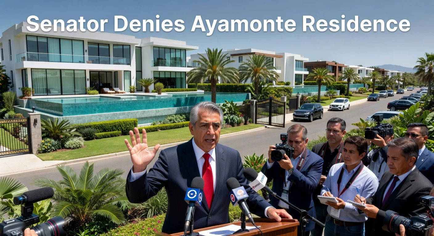 Senator Carlos Lomelí Bolaños denying property ownership in Zapopan's luxurious Ayamonte neighborhood during a press conference, with aerial views of mansions.