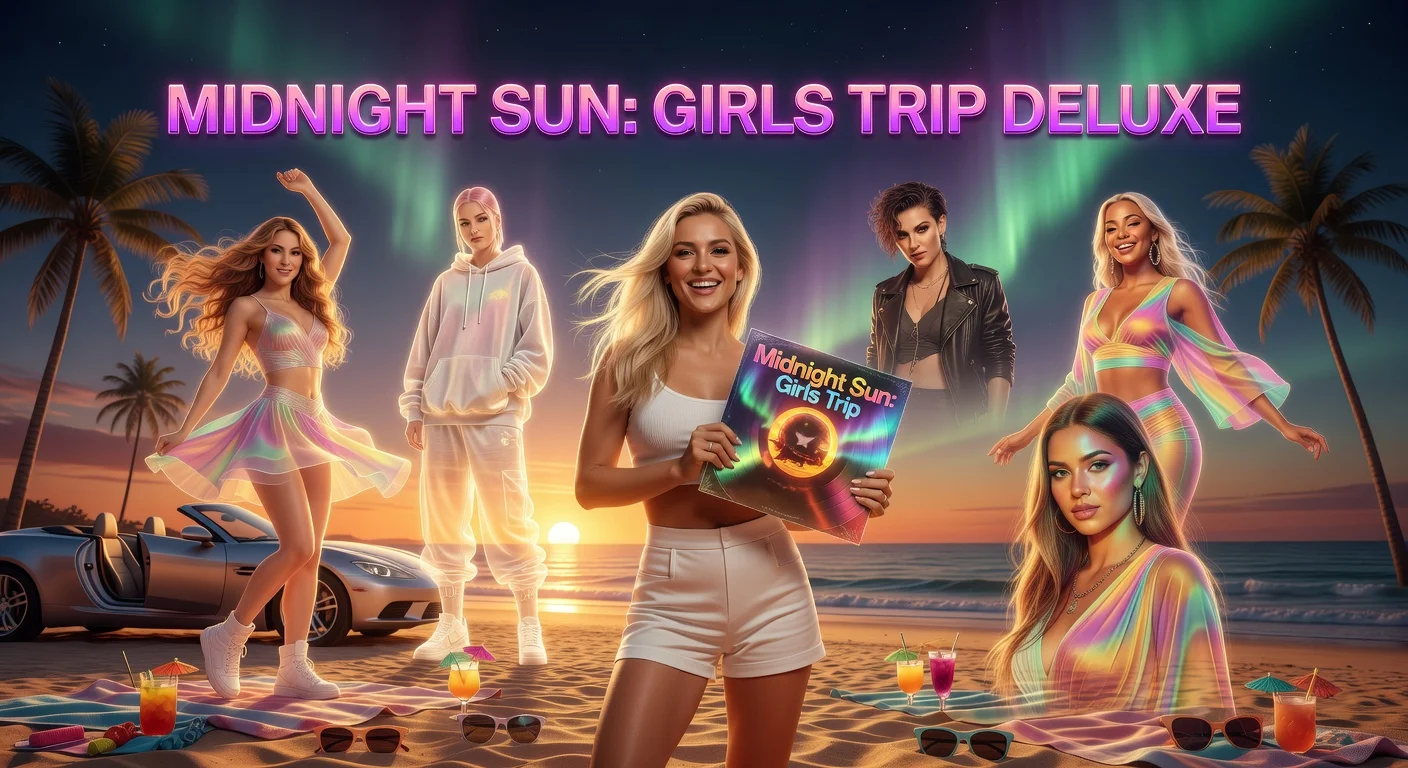 Photorealistic illustration of Zara Larsson promoting her deluxe album 'Midnight Sun: Girls Trip' featuring Shakira, PinkPantheress, Robyn, Tyla, and more.