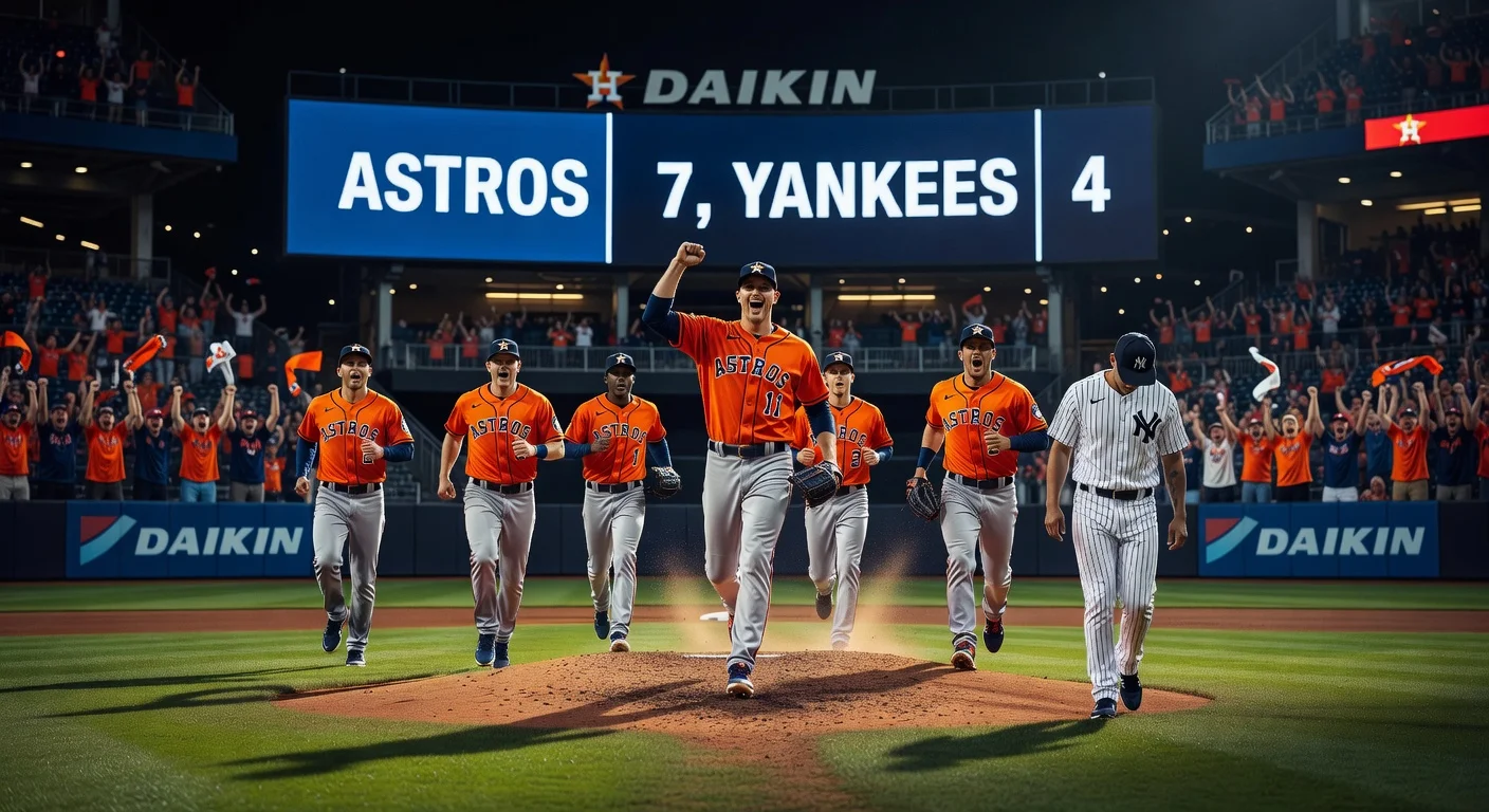 Astros celebrate 7-4 victory over Yankees at Daikin Park, snapping eight-game streak, with pitcher Arrighetti on mound and scoreboard visible.