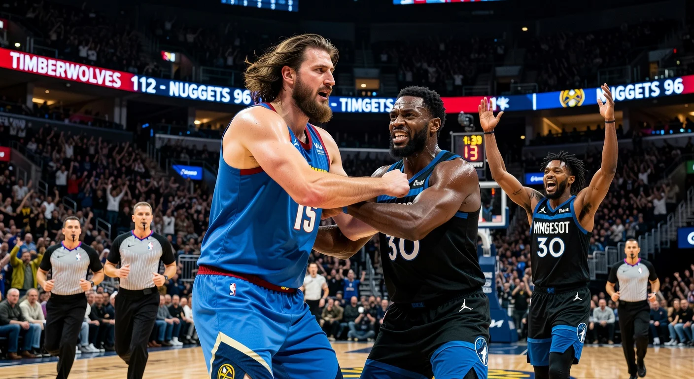 Dramatic illustration of NBA playoff scuffle between Jokić and Randle after Timberwolves' Game 4 win, resulting in fines.