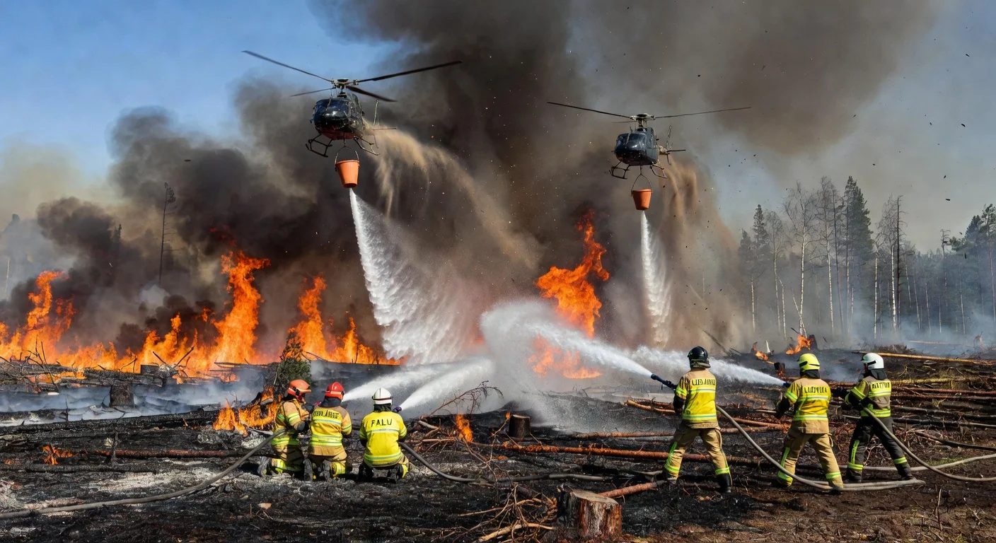 Helicopters dropping water on forest fire near Lamborn as firefighters battle flames on the ground.