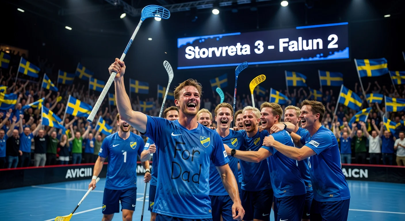 Storvreta IBK celebrates third straight SM floorball gold at Avicii Arena; Gabriel Kohonen dedicates victory to ill father as teammates rejoice after 3-2 win over Falun.