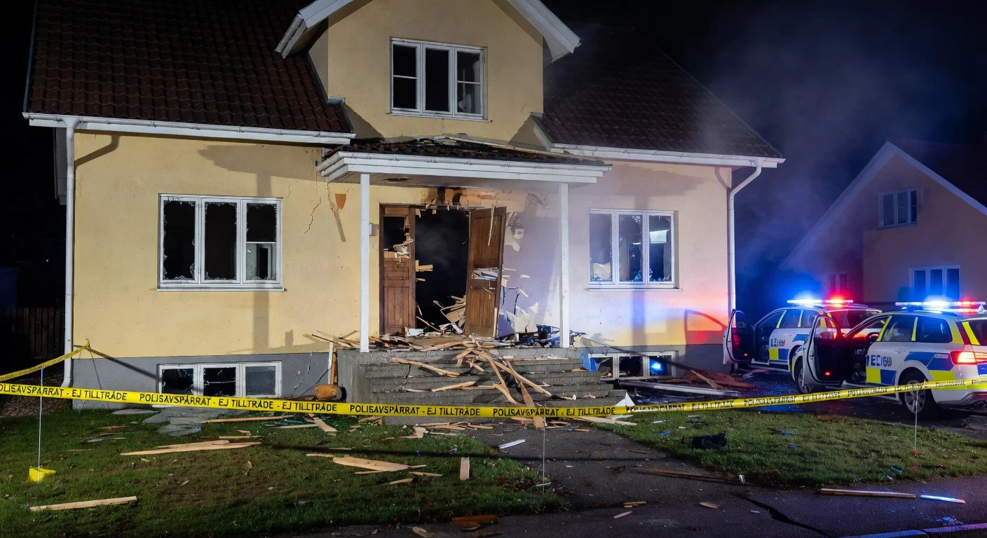 Aftermath of explosion at Eslöv villa: destroyed front door, shattered windows, police lights and tape on scene.