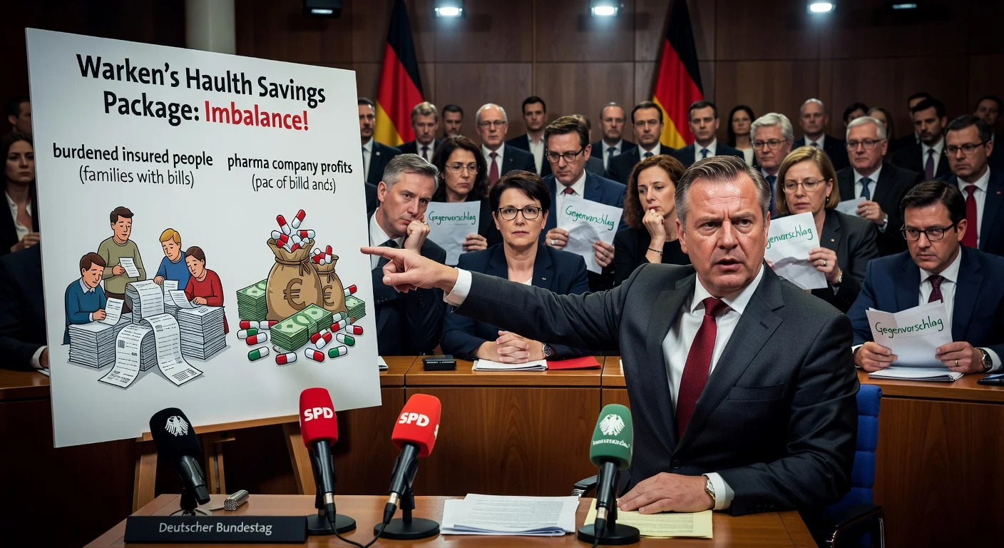 SPD politicians criticizing Health Minister Nina Warken's unbalanced health savings package in Bundestag debate, demanding pharma cuts.