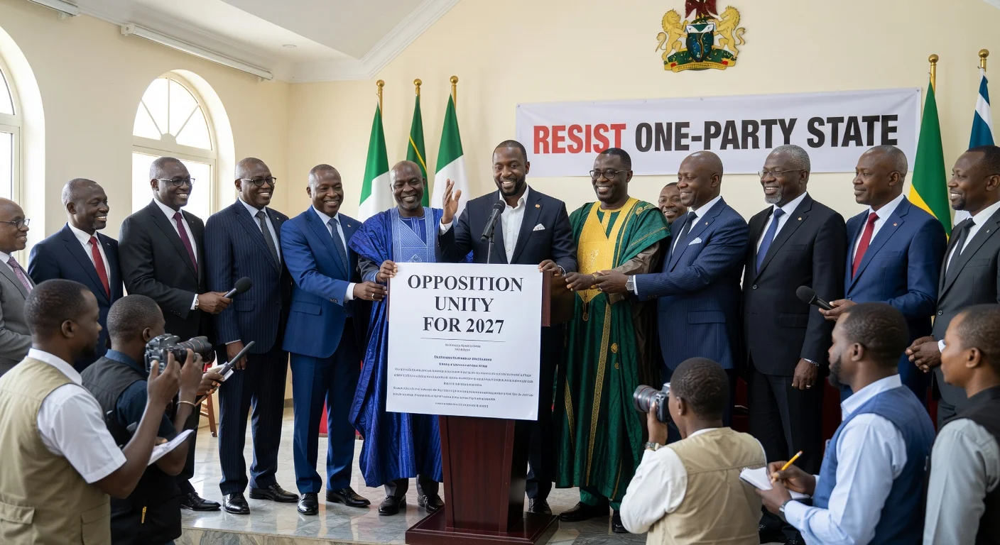 Nigerian opposition leaders, hosted by Gov. Seyi Makinde, announce unified presidential candidate plan for 2027 at Ibadan summit.