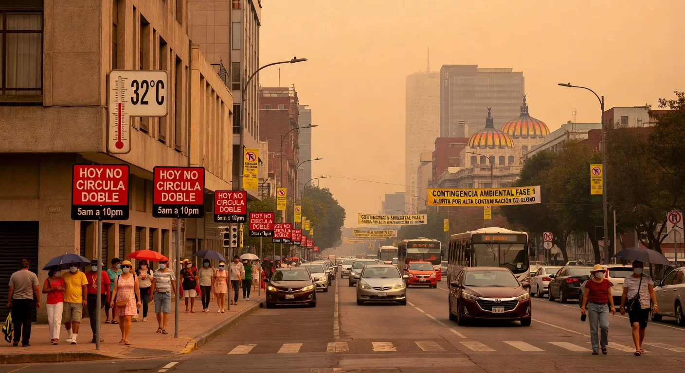 Mexico City streets under Phase 1 Environmental Contingency due to heat wave: hazy ozone-polluted sky, high temperatures, vehicle restriction signs, and pedestrians coping with the heat.