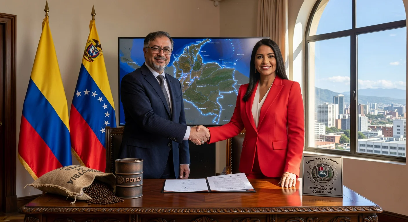 Colombian President Gustavo Petro and Venezuelan Vice President Delcy Rodríguez shake hands after signing security and trade cooperation agreement in Caracas.