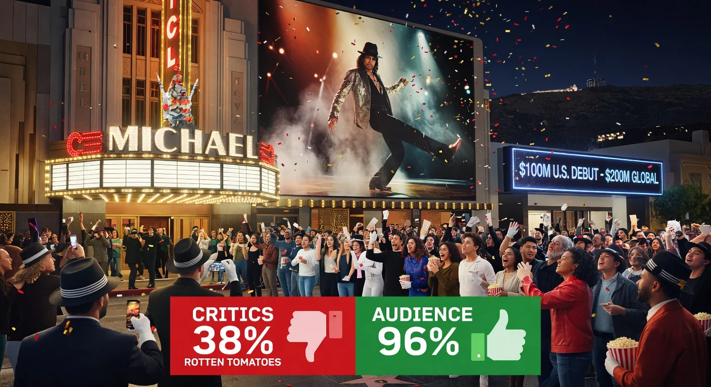 Movie theater scene celebrating the Michael Jackson biopic's strong box office amid divided reviews.