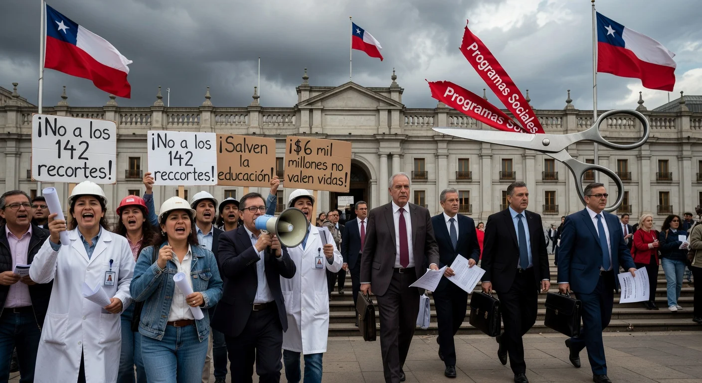 Protesters rally against Chile's proposed 2027 budget cuts to 142 social programs outside government buildings.