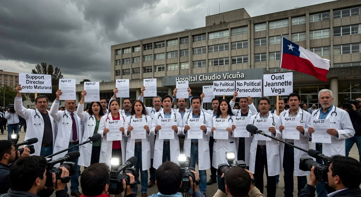 Doctors protesting with resignation letters outside San Antonio hospital amid crisis over director's ousting and appointment dispute.