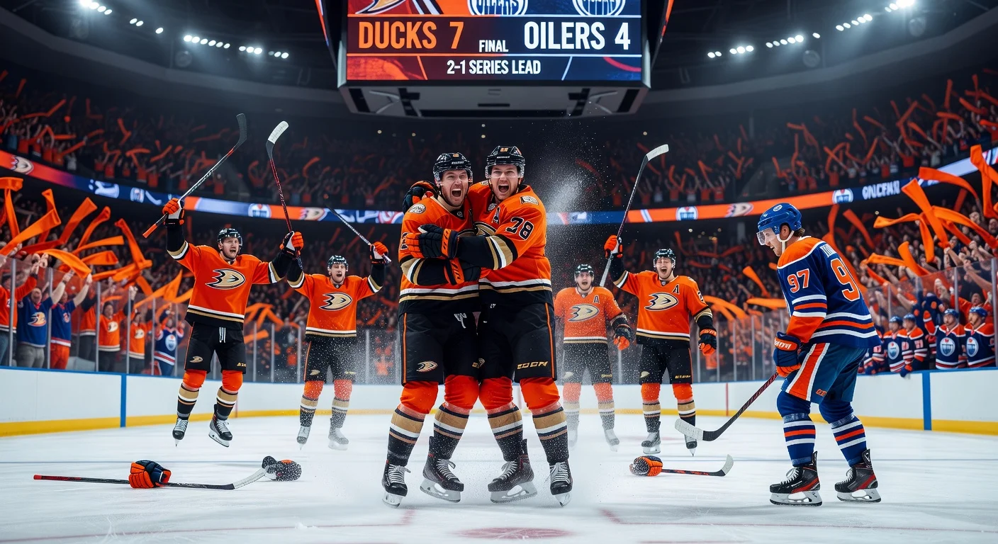 Anaheim Ducks celebrate 7-4 playoff win over Oilers in Game 3, featuring Leo Carlsson and Beckett Sennecke.