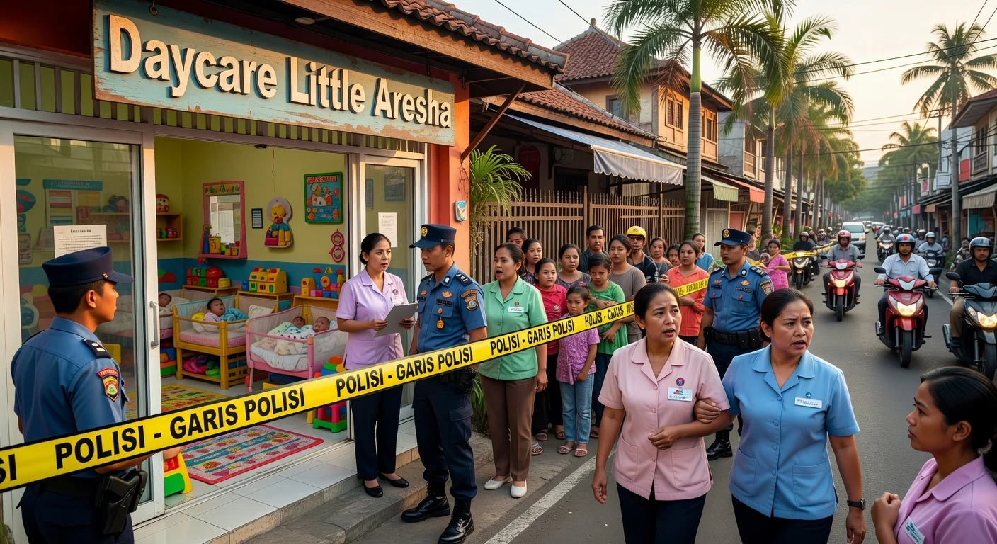 Indonesian police raiding Yogyakarta daycare Little Aresha amid child abuse allegations, securing the scene.