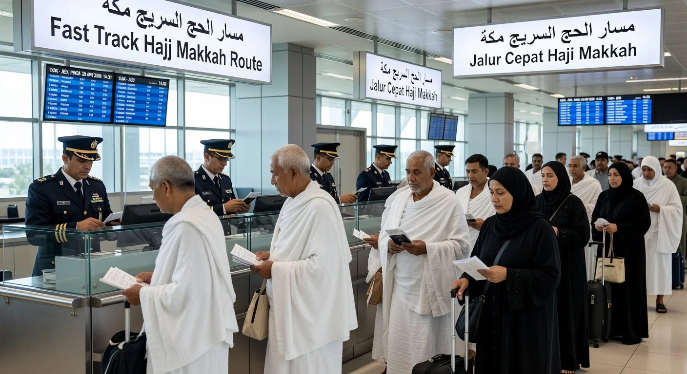 Saudi officers streamlining Hajj pilgrim immigration via Fast Track at Soekarno-Hatta Airport.