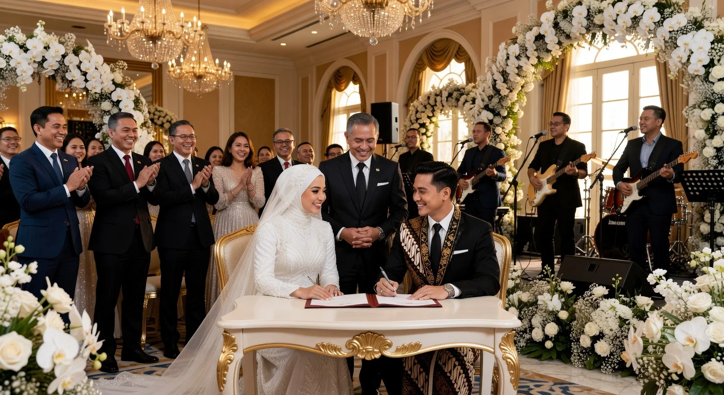 El Rumi and Syifa Hadju during their akad nikah ceremony at Raffles Jakarta, with performers Dewa 19 and international singer in the background.