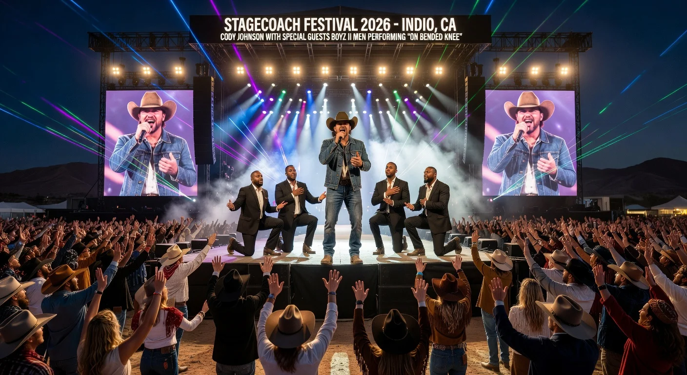 Cody Johnson and Boyz II Men perform 'On Bended Knee' on the main stage at Stagecoach 2026, with swaying festival crowd.