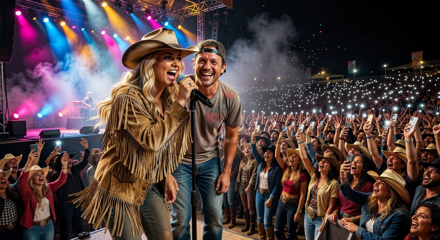 Ella Langley and Theo Von share a microphone during their surprise duet at Stagecoach, with an ecstatic crowd singing along.
