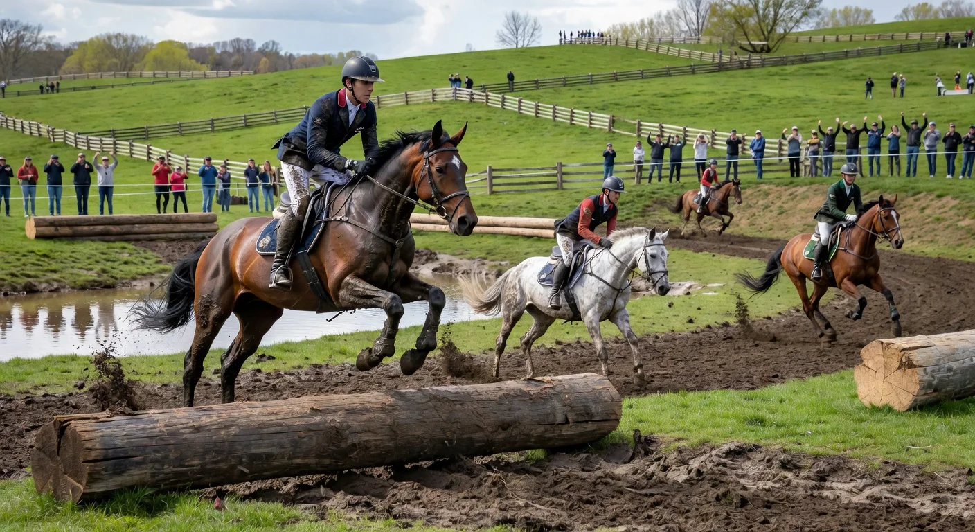 David Doel leads British riders jumping a challenging obstacle during cross-country at Kentucky Three-Day Event.