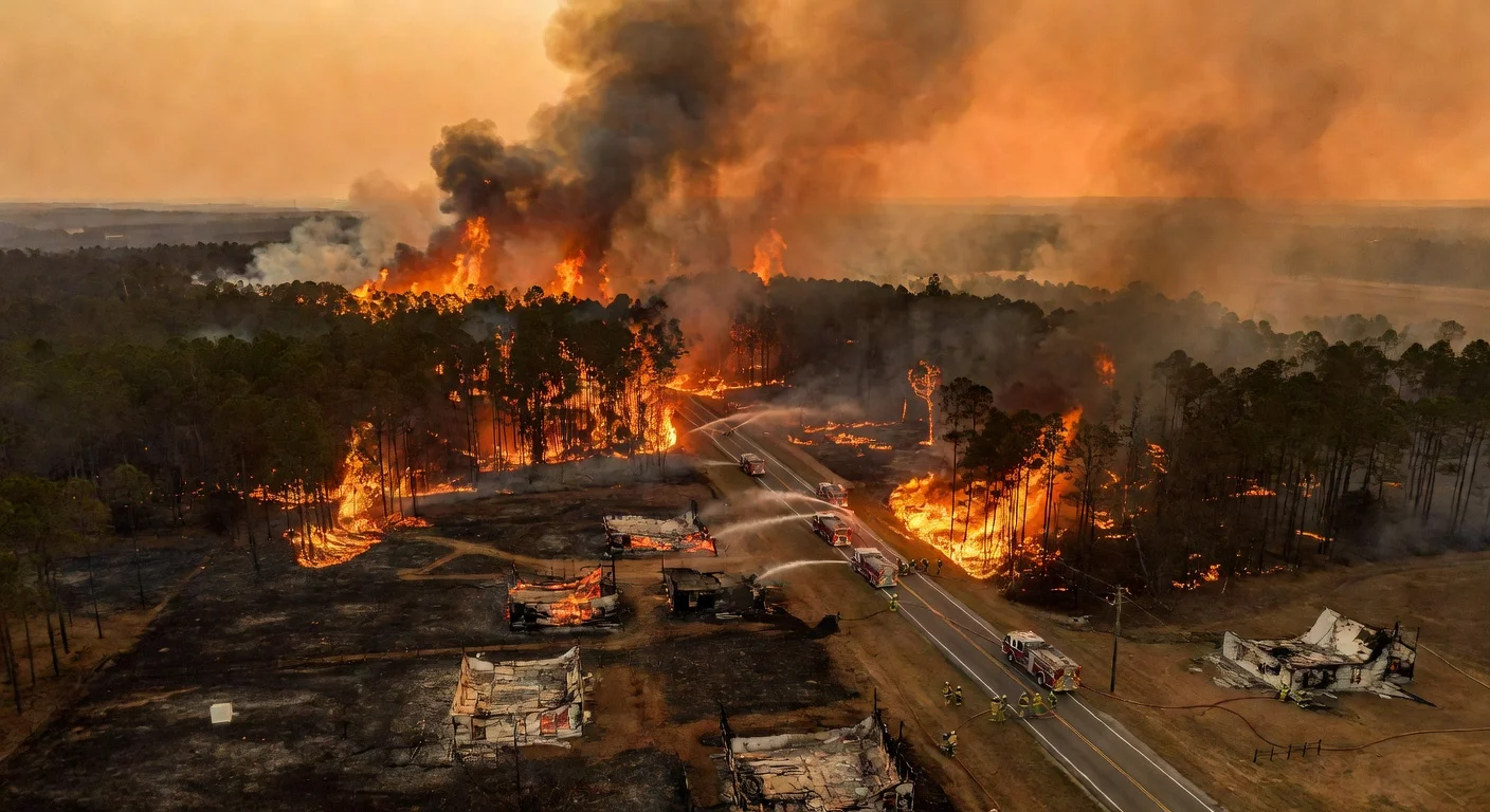 Aerial view of raging wildfires in southeast Georgia destroying homes and forests, with firefighters responding amid thick smoke.