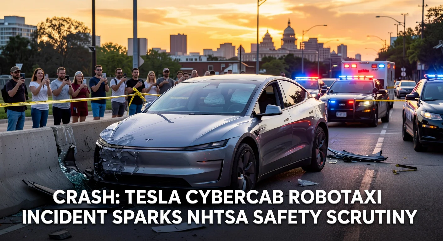 Crashed Tesla robotaxi on Austin street amid emergency response, illustrating 14 incidents since June 2025 launch.