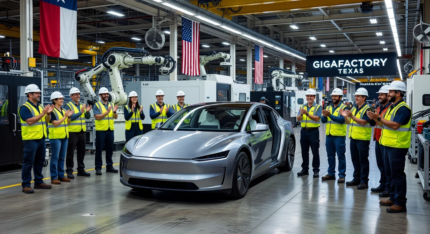 Tesla's inaugural production Cybercab, a driverless robotaxi, unveiled on the Gigafactory Texas factory floor amid celebrating workers.