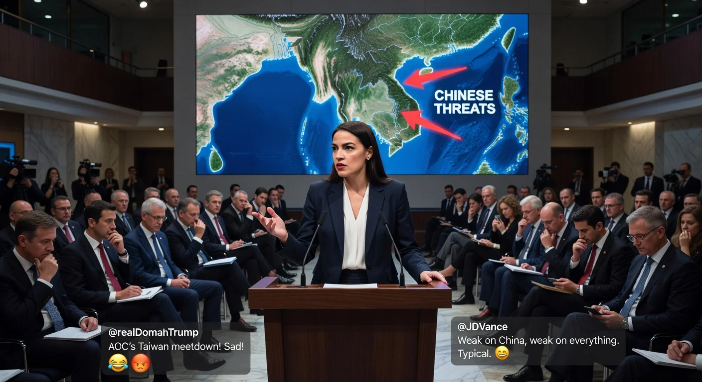 AOC hesitates at Munich Security Conference podium discussing Taiwan policy, with critical audience and mocking social media overlays.